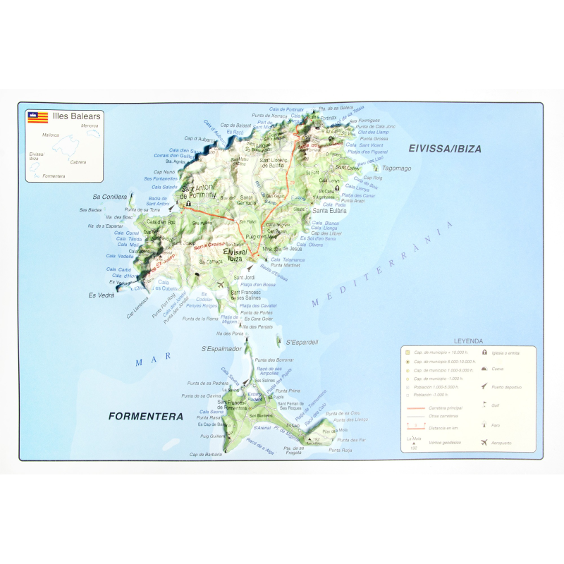Islas de Ibiza y Formentera en relieve.